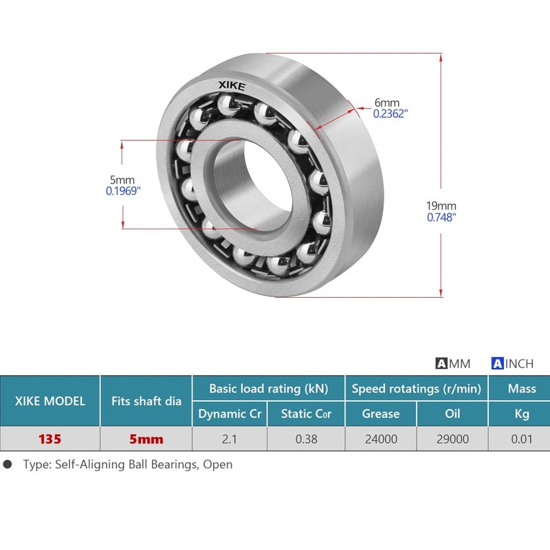 Xike 1 Pcs 135 Self-Aligning Ball Bearings 5x19x6mm, Open and Chrome Steel Fits DIY/Fans/Industrial/Agriculture/Pulp/Paper/Beverage/Textile/Material Handling Machinery. - Image 2